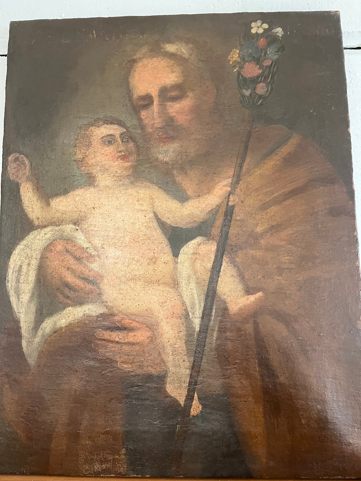 Antique painting of Saint Joseph with staff and Child, oil on canvas, late 18th / early 19th century