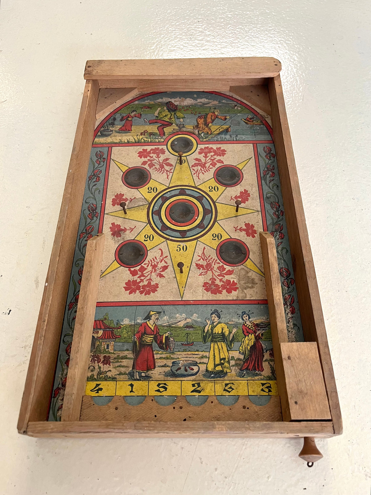 Antique Wooden Bagatelle Tabletop Pinball - Early 20th Century, Oriental Motif