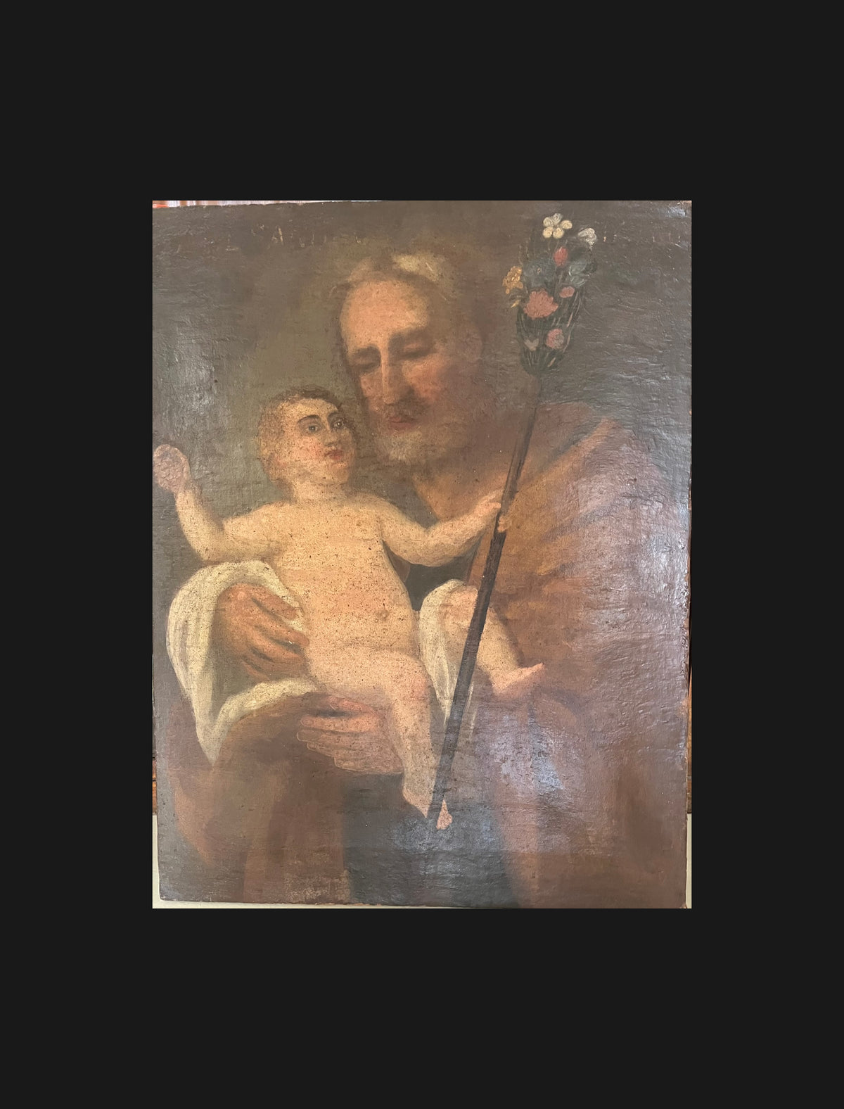 Antique painting of Saint Joseph with staff and Child, oil on canvas, late 18th / early 19th century