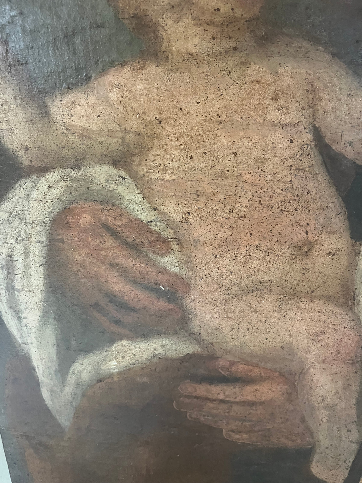 Antique painting of Saint Joseph with staff and Child, oil on canvas, late 18th / early 19th century