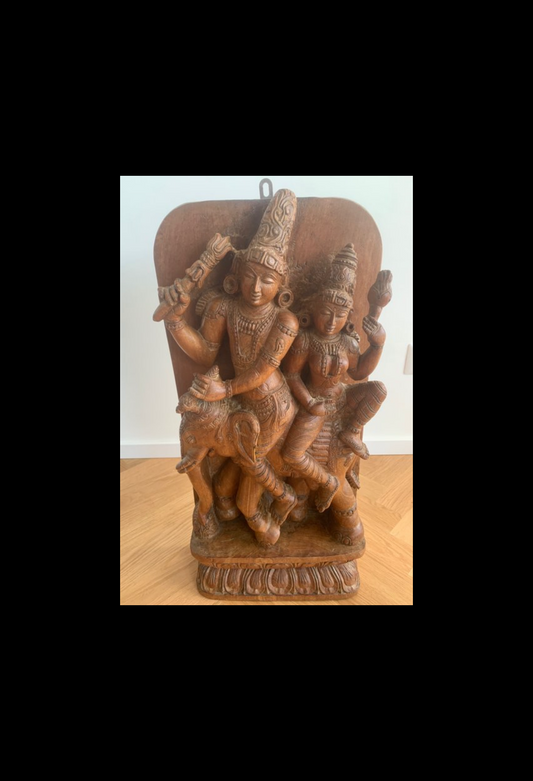 Pannello d'Arredo Indiano in Legno massiccio Intagliato 62cm – Scultura Divinità Indiane Shiva e Parvati su Elefante