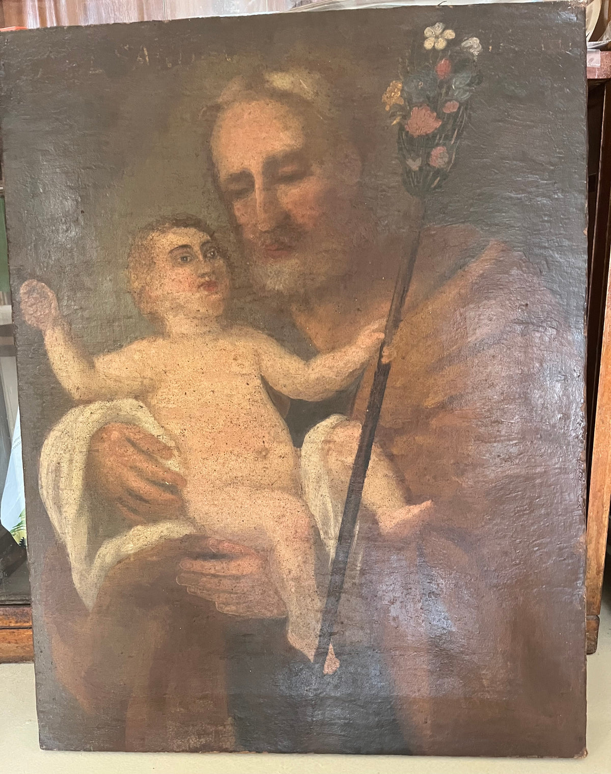 Antique painting of Saint Joseph with staff and Child, oil on canvas, late 18th / early 19th century