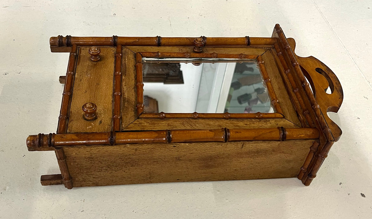 Antique French Faux Bamboo Cabinet – Specchiera e Armadietto da Muro o Tavolo, XIX Secolo