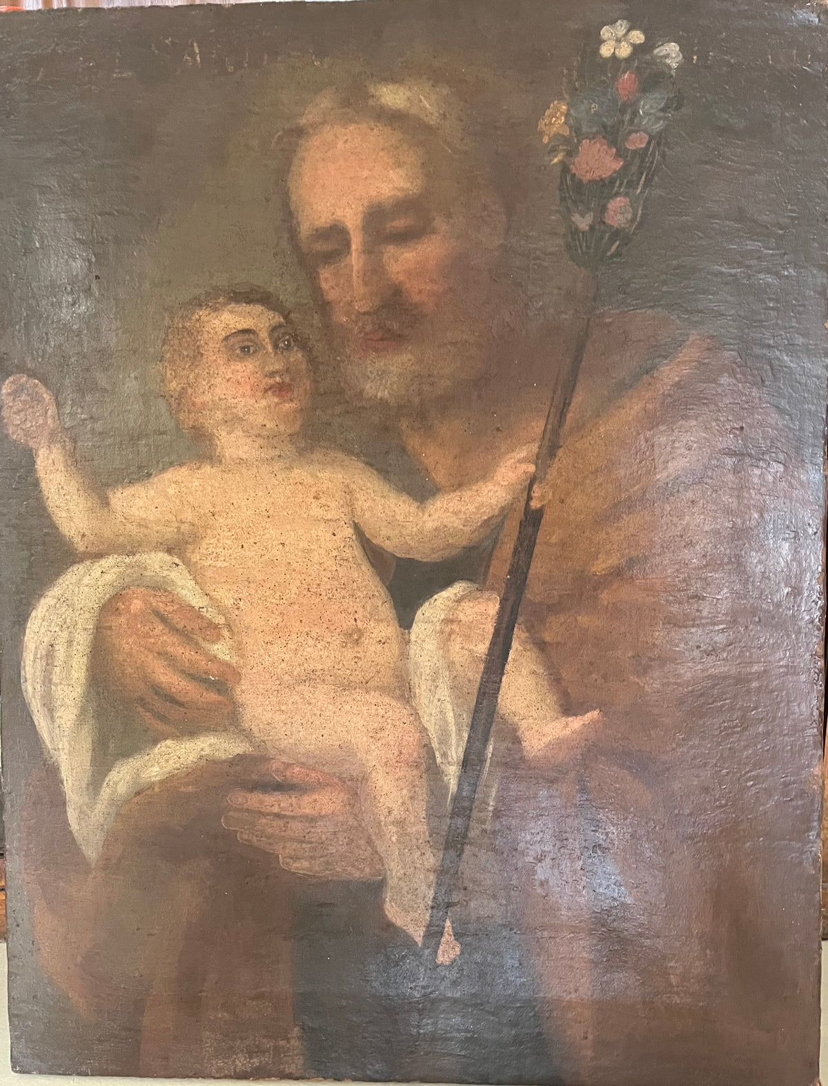 Antique painting of Saint Joseph with staff and Child, oil on canvas, late 18th / early 19th century