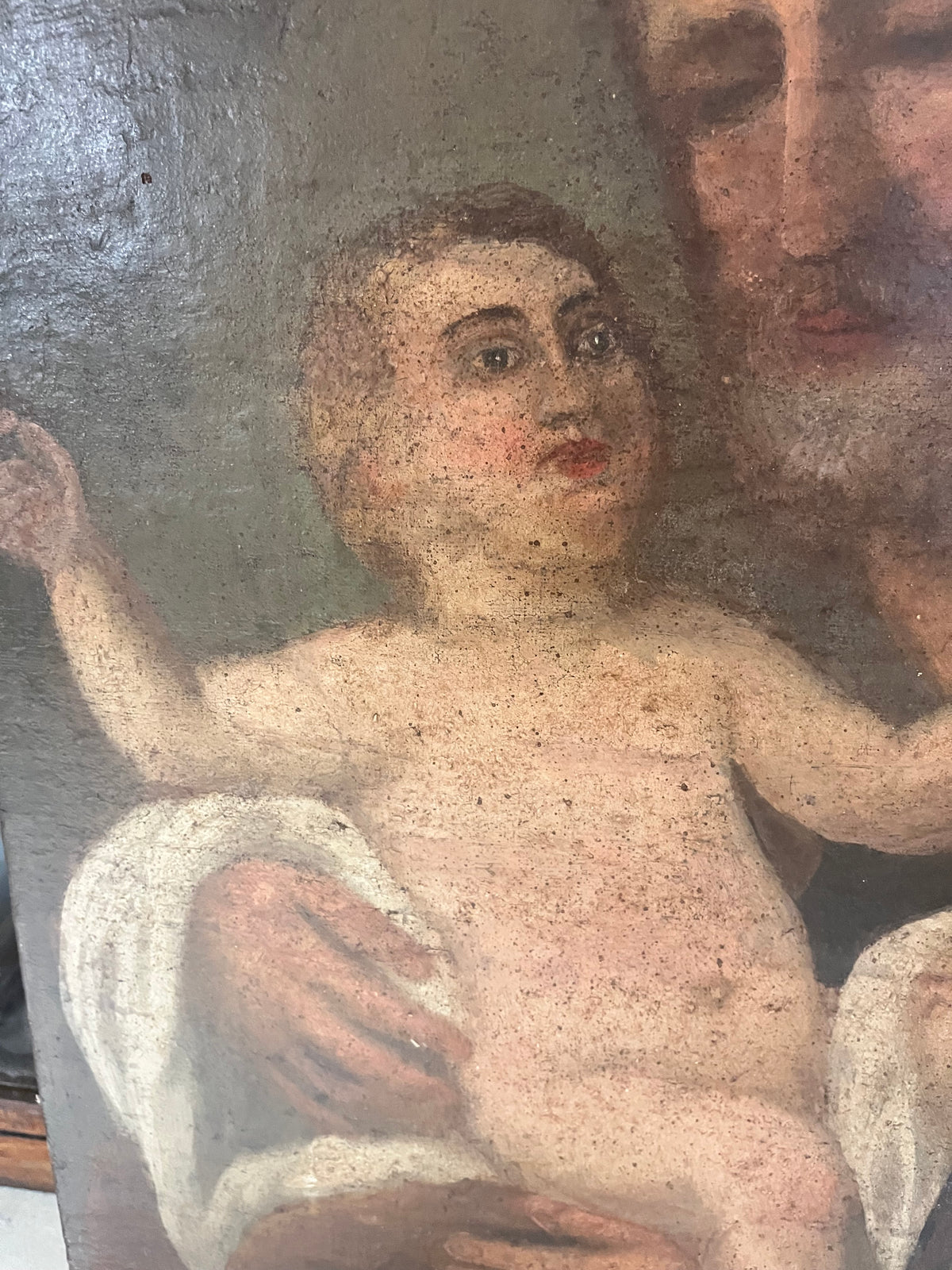 Antique painting of Saint Joseph with staff and Child, oil on canvas, late 18th / early 19th century