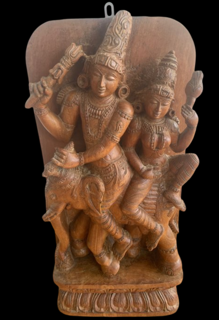 Pannello d'Arredo Indiano in Legno massiccio Intagliato 62cm – Scultura Divinità Indiane Shiva e Parvati su Elefante