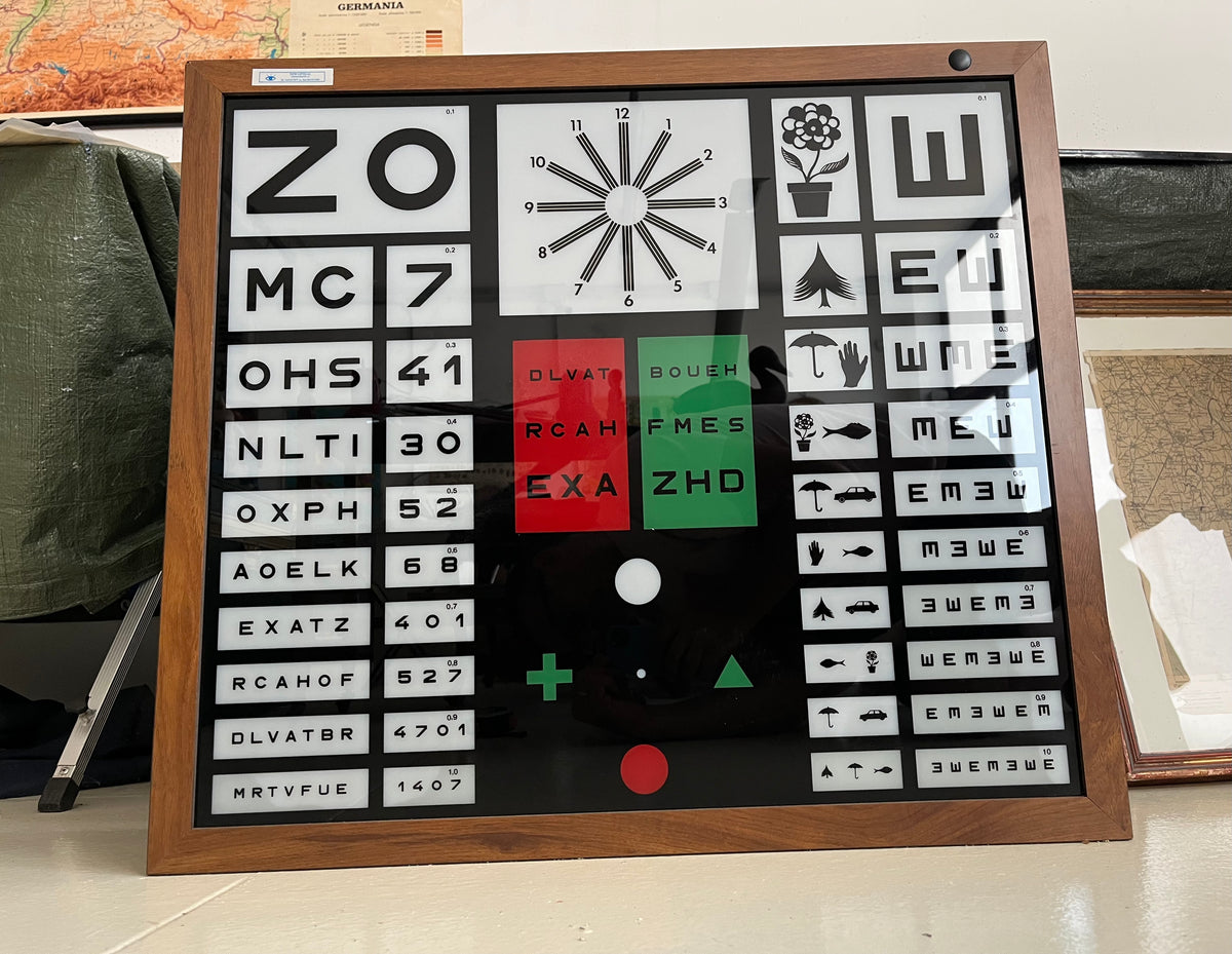 Vintage CSO illuminated eye chart, mid-century modern decor
