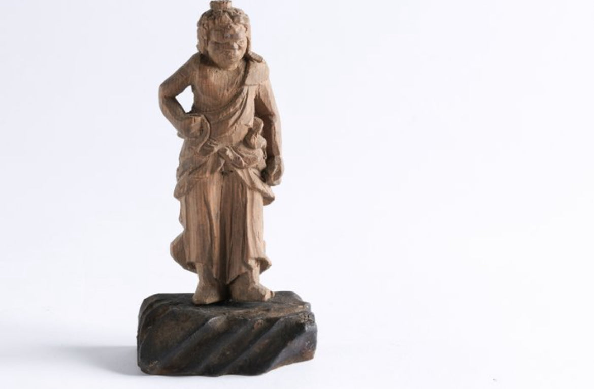 Antique Japanese Wooden Buddhist Statue – Minshubutsu Sculpture, Doji Acolyte (Fudo Myoo), Edo/Meiji Period