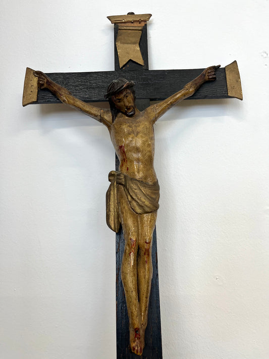 Antique Carved and Polychrome Wood Crucifix with Our Lady of Sorrows – 18th Century (71x29 cm)