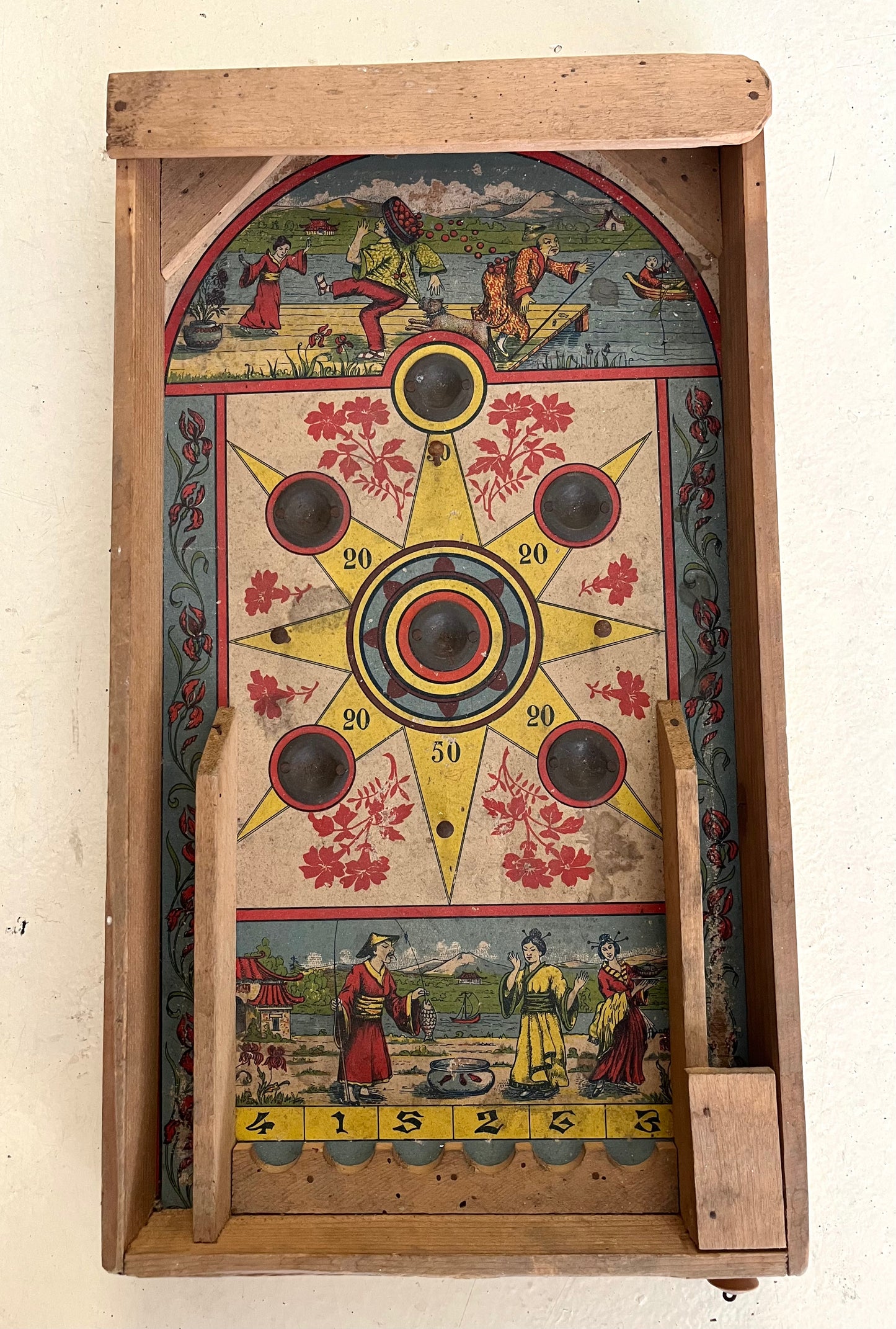 Antique Wooden Bagatelle Tabletop Pinball - Early 20th Century, Oriental Motif
