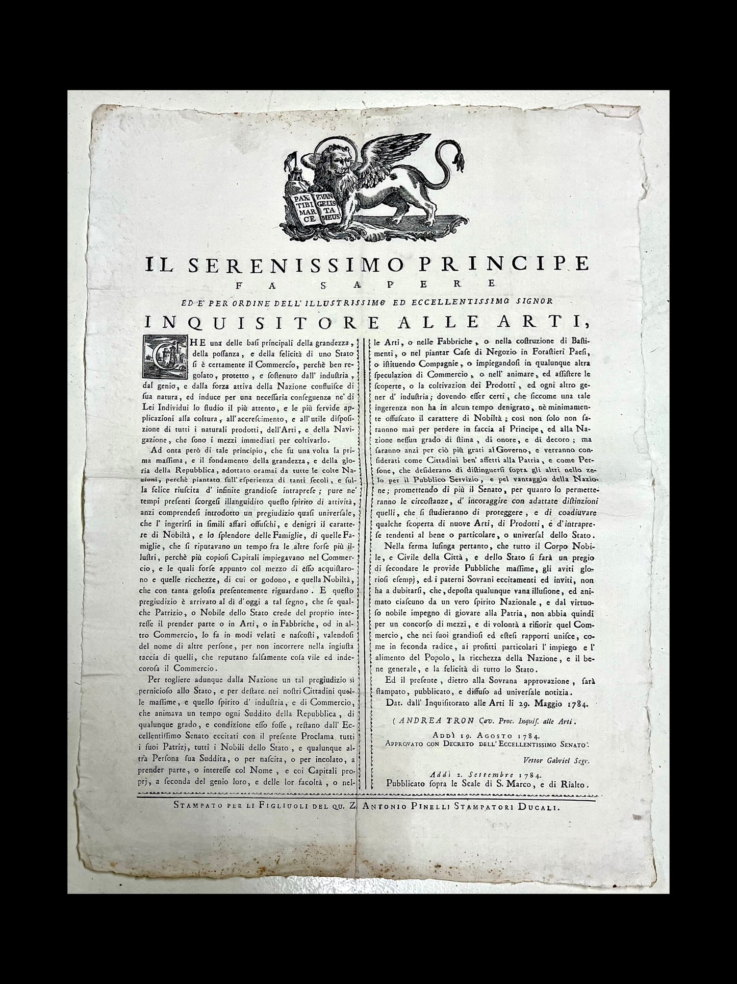 Proclama Repubblica di Venezia 1784 - Inquisitore alle Arti - Andrea Tron