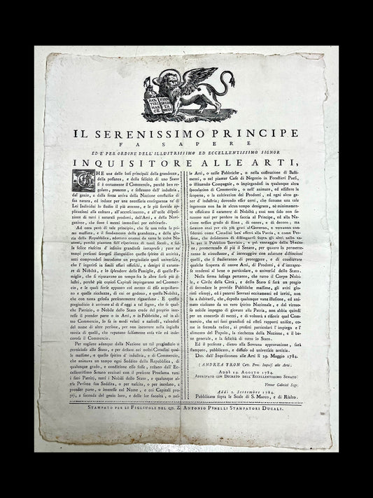 Proclamation of the Republic of Venice 1784 - Inquisitor of the Arts - Andrea Tron