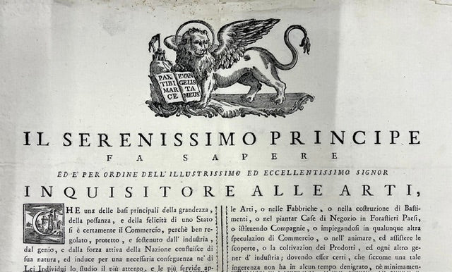 Proclama Repubblica di Venezia 1784 - Inquisitore alle Arti - Andrea Tron