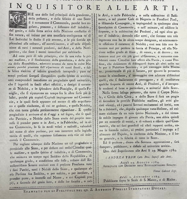 Proclama Repubblica di Venezia 1784 - Inquisitore alle Arti - Andrea Tron