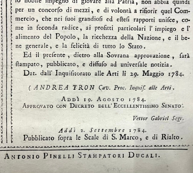 Proclama Repubblica di Venezia 1784 - Inquisitore alle Arti - Andrea Tron