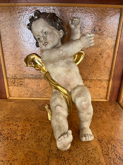 Putto Alato Barocco in Legno Intagliato, Policromo e Dorato – XVII-XVIII Secolo, H 40 cm
