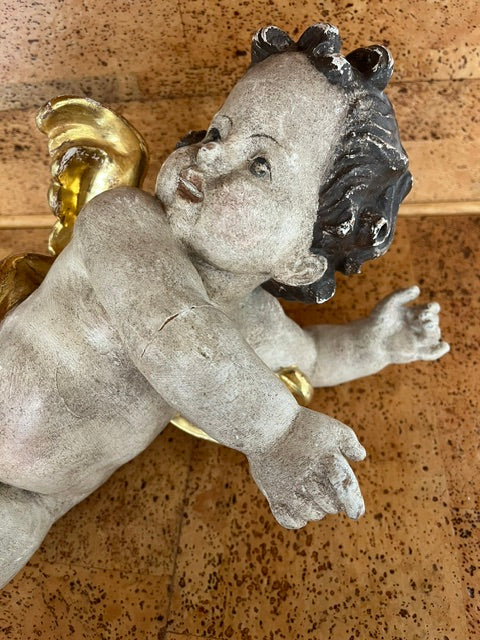 Putto Alato Barocco in Legno Intagliato, Policromo e Dorato – XVII-XVIII Secolo, H 40 cm