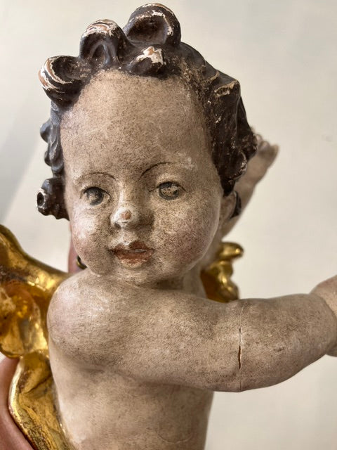 Baroque Carved, Polychrome, and Gilded Winged Putto – 17th-18th Century, H 40 cm