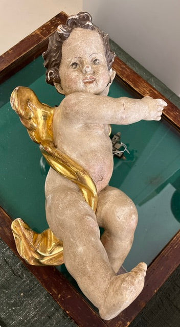 Putto Alato Barocco in Legno Intagliato, Policromo e Dorato – XVII-XVIII Secolo, H 40 cm