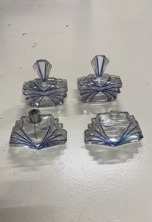 Servizio da Toletta Art Déco in Cristallo Boemo Molato e Smalto Blu - Set 4 Pezzi (Anni '30)